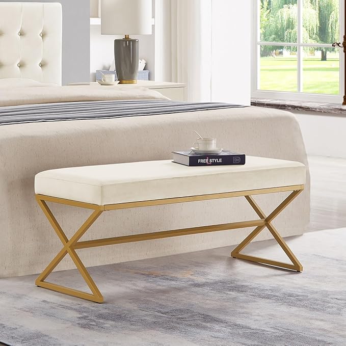 Velvet Upholstered Entryway Bench with Metal Leg, Padded Bedroom Bench