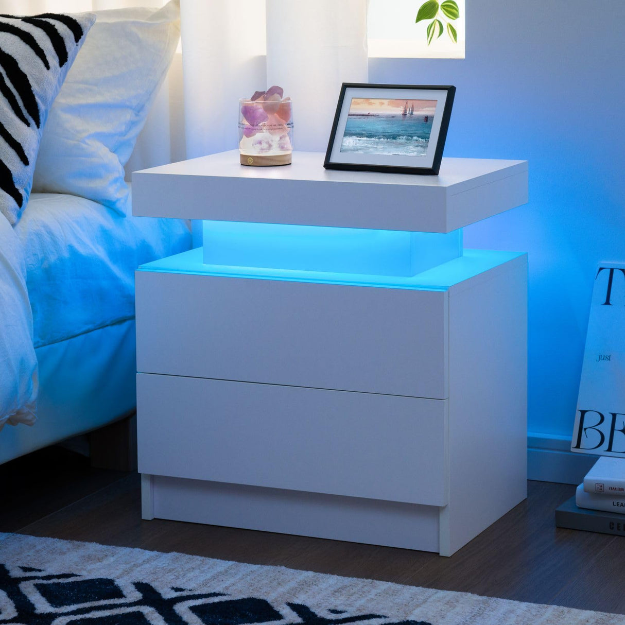 White Nightstand LED Bedside Table for Bedroom Modern Night Stand with 2 Wood Drawers