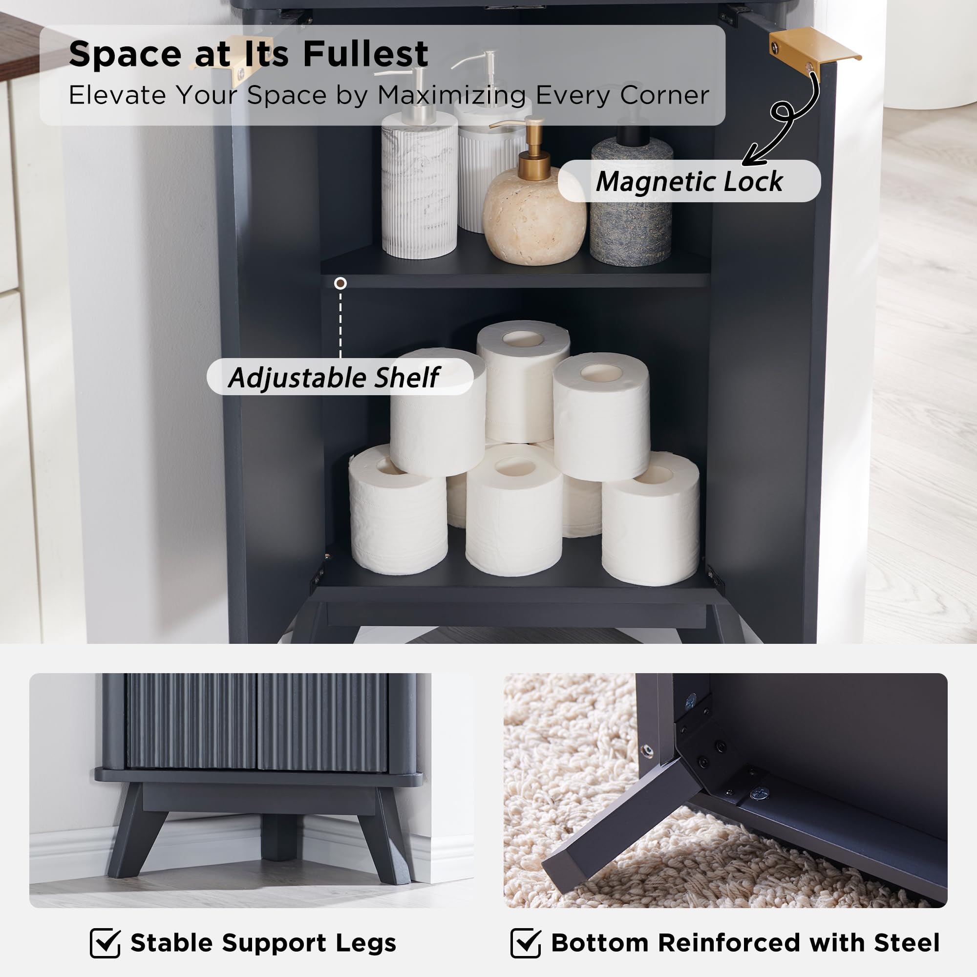 68" Tall Corner Cabinet, Modern Fluted Storage Cabinet with Faux Marble Top & Adjustable