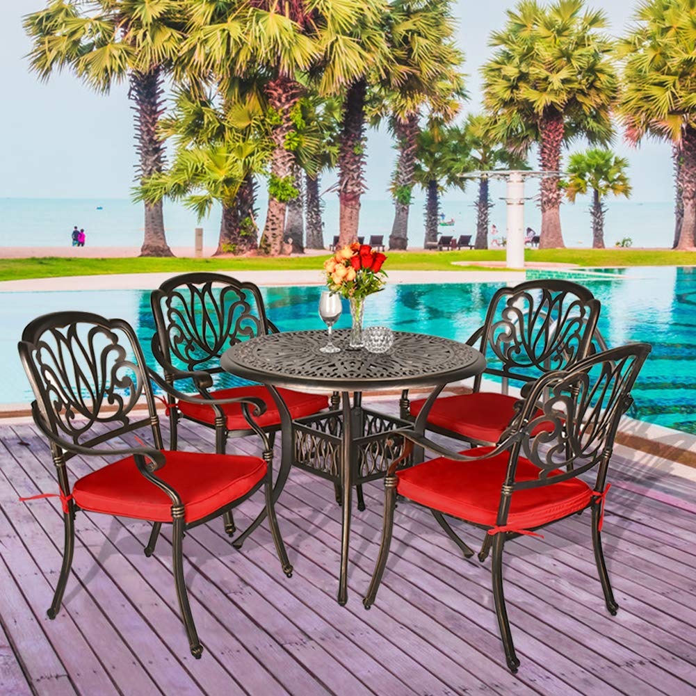 5 Piece All-Weather Cast Aluminum Outdoor Patio Deck Dining Set w/Round Table
