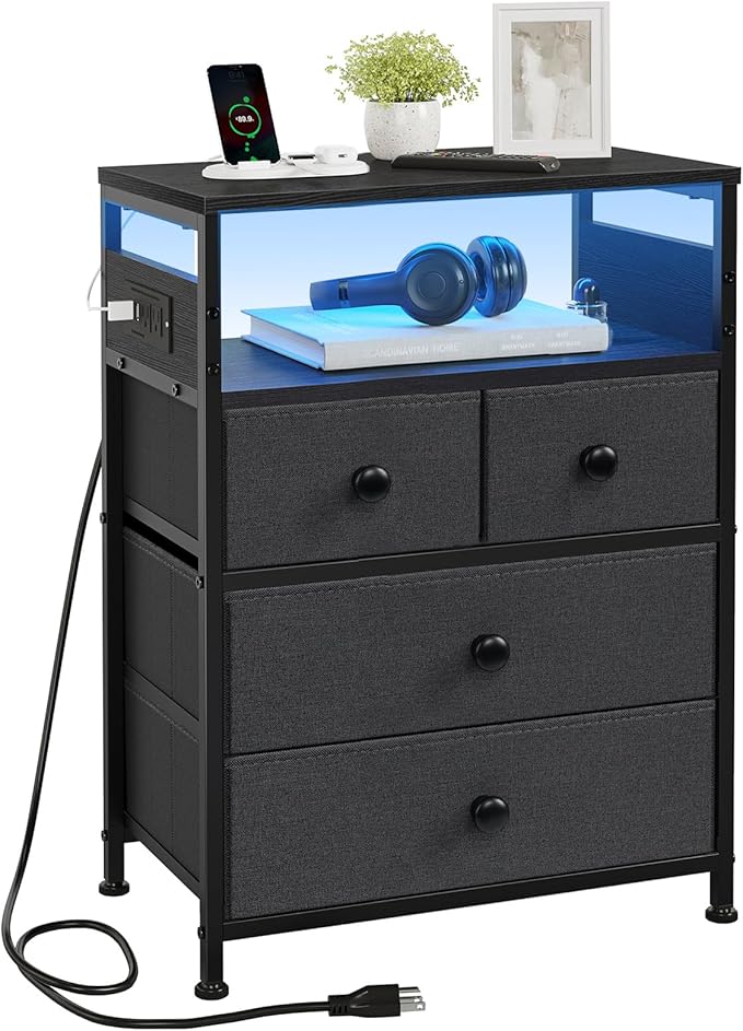 Nightstand with Charging Station, Bedside Table with 4 Drawers and 2-Tier Shelf, Modern