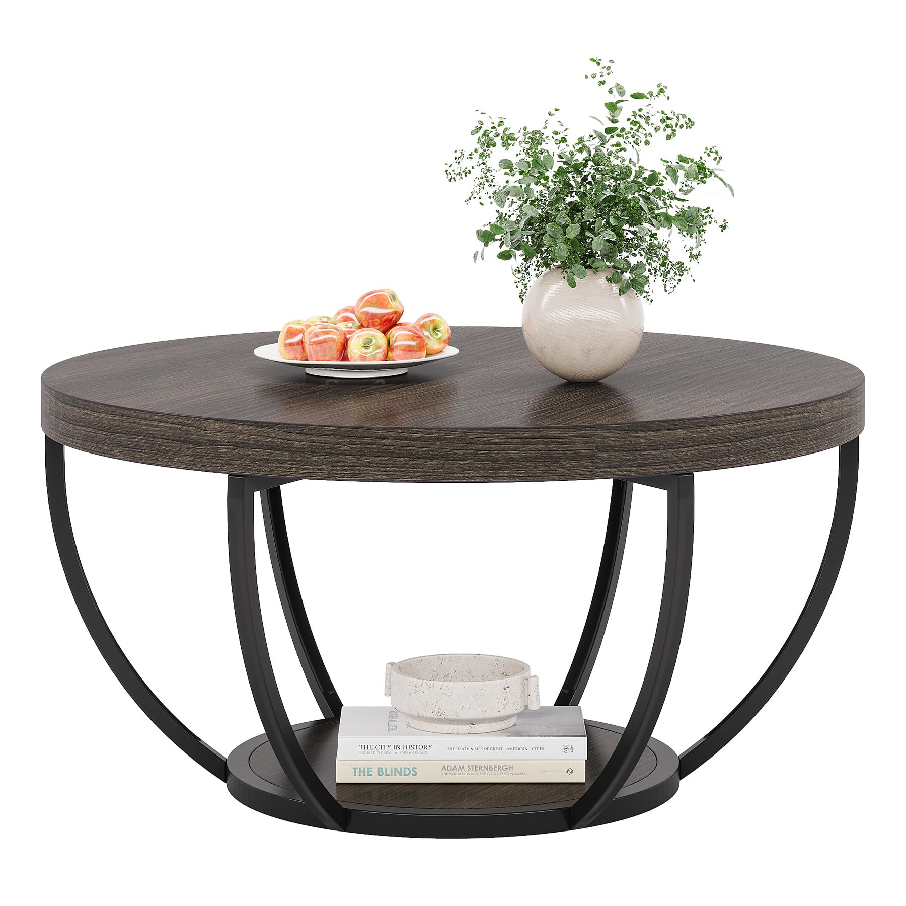 Round Coffee Table, 31.7" Wooden 2-Tier Circle Coffee Table with Storage Shelves