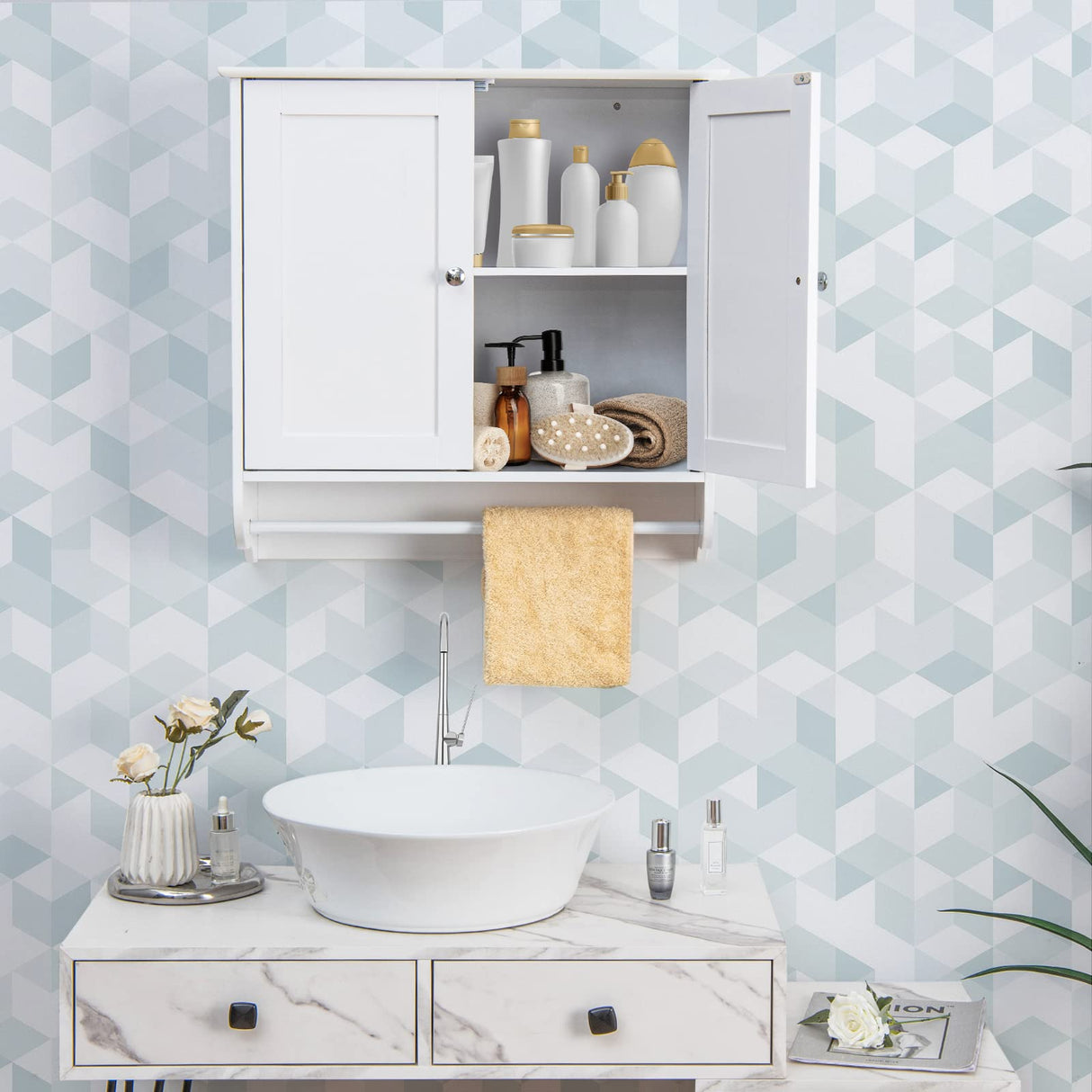 Wall Mounted Bathroom Cabinet with Towel Bar, Hanging Over The Toilet Storage Cabinet