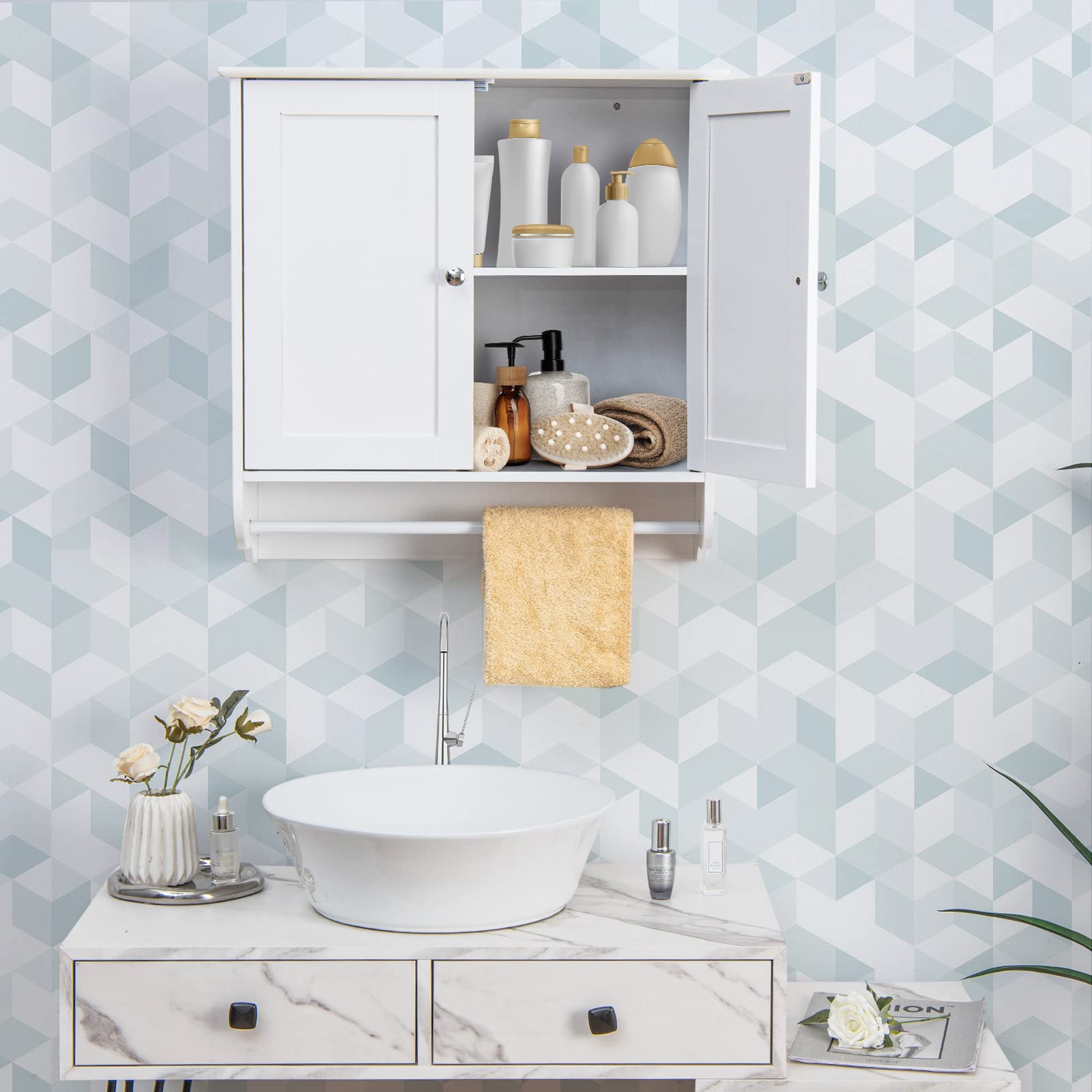 Wall Mounted Bathroom Cabinet with Towel Bar, Hanging Over The Toilet Storage Cabinet