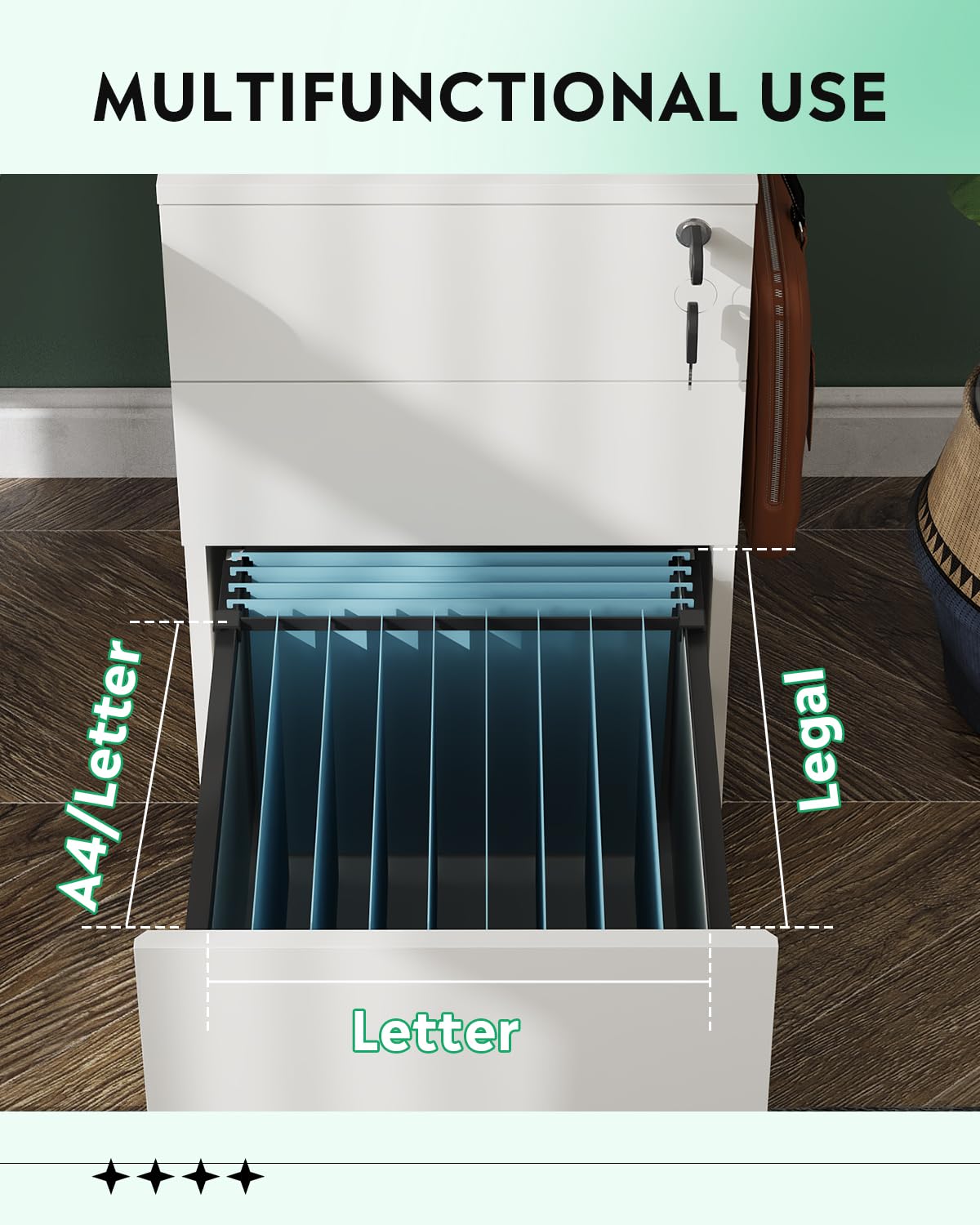 3 Drawer Rolling File Cabinet with Lock, Wood Under Desk Filing Cabinet