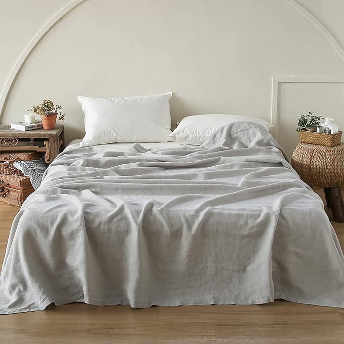 French Linen Flat Sheet with Embroidered Border-100% Stone Washed Flax Bedding,