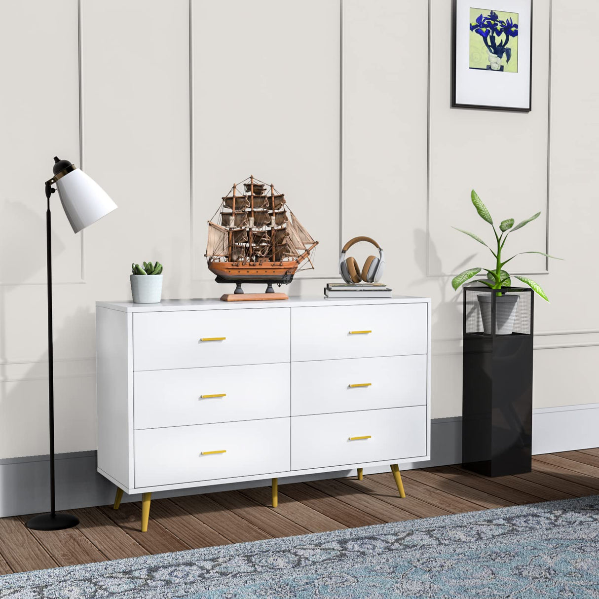 White Dresser, 6 Drawer Dresser for Bedroom with Wide Drawers and Metal Handles