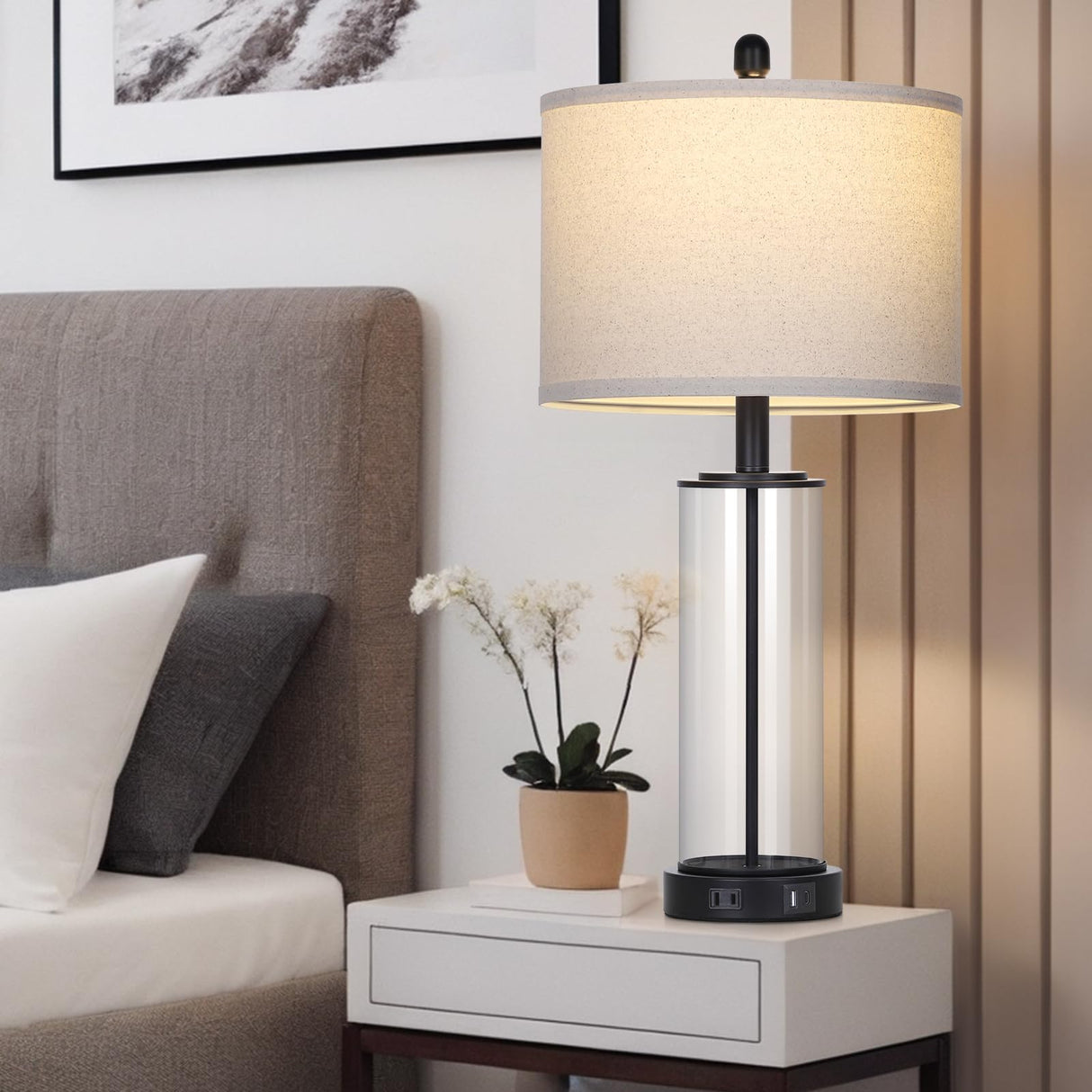 26" Black Glass Table Lamps Set of 2, 3-Way Dimmable Touch Control Living Room Lamp