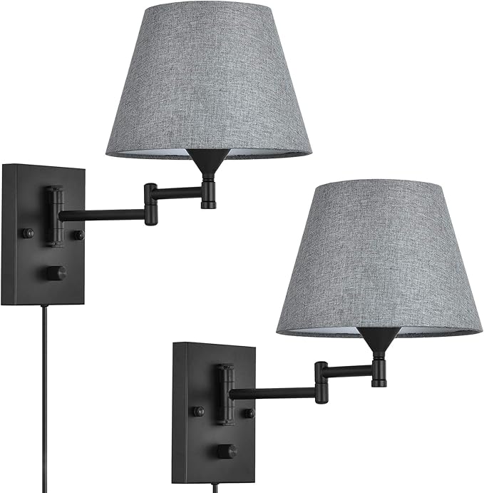 Plug in Wall Sconce Set of 2 Swing Arm Wall Lamp with Plug in Cord and Fabric Shade Wall Light