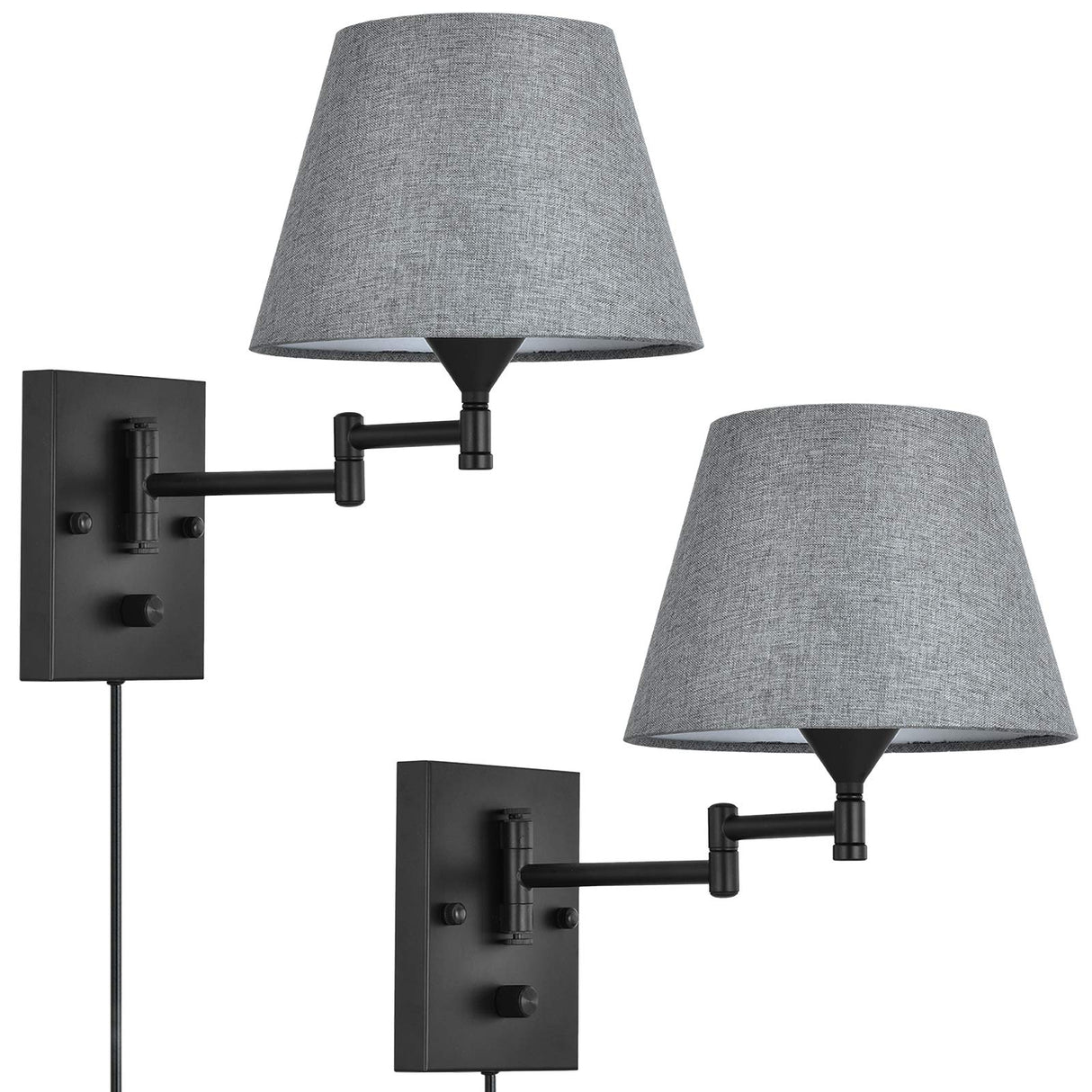 Plug in Wall Sconce Set of 2 Swing Arm Wall Lamp with Plug in Cord and Grey Fabric
