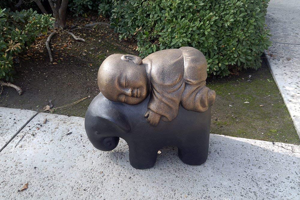 Shaolin Monk on Elephant Buddha Zen Garden Statues Good Luck Elephant - Rustic Gold