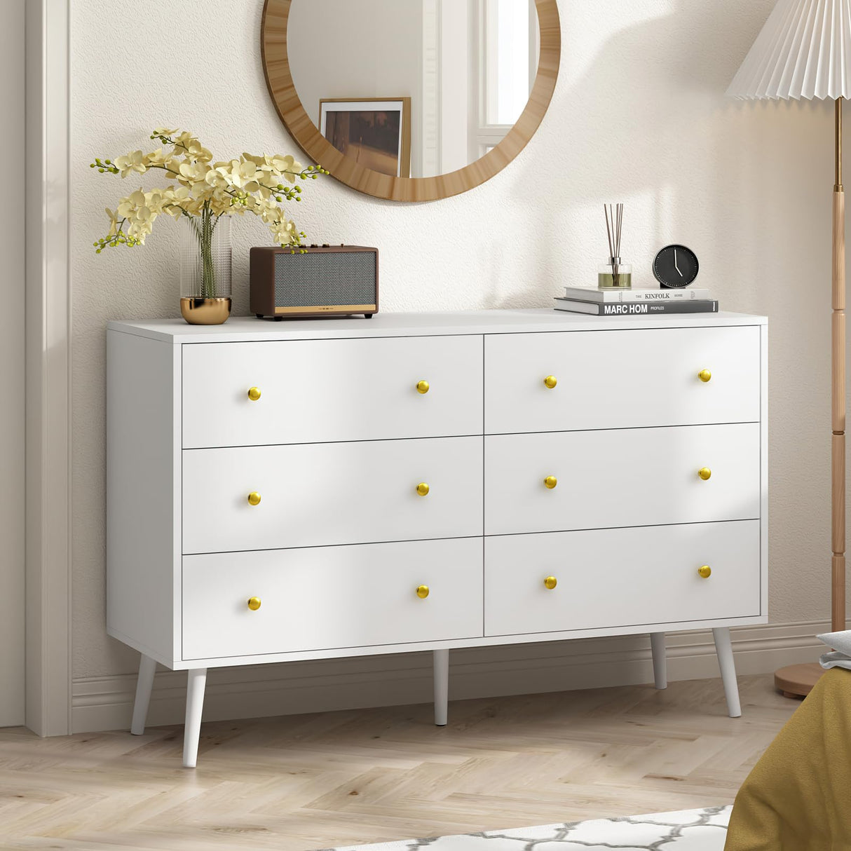 White Dresser for Bedroom, Double Wood Dresser with Gold Handles