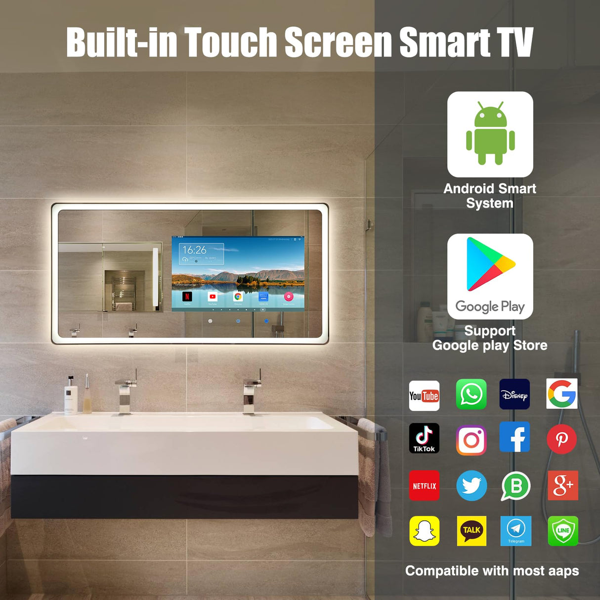 39×20 Inch Smart Bathroom Mirror with Touchscreen TV