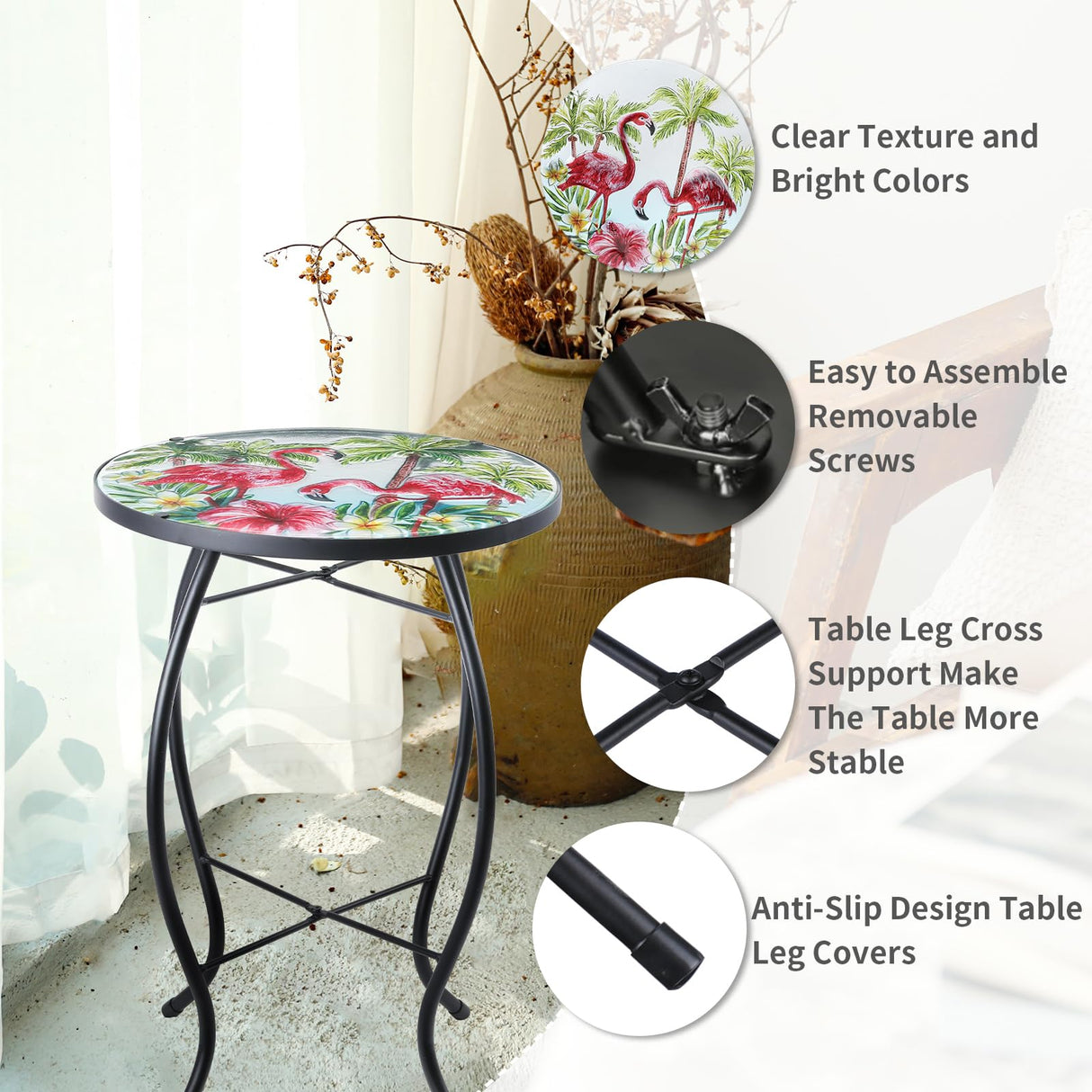VCUTEKA Patio Side Table Outdoor Accent Table Small Mosaic Table Coffee Table End Table Porch Table Indoor Outdoor Round Glass Balcony Bistro Plant Stands Three Flamingos 14 inches - Bircata