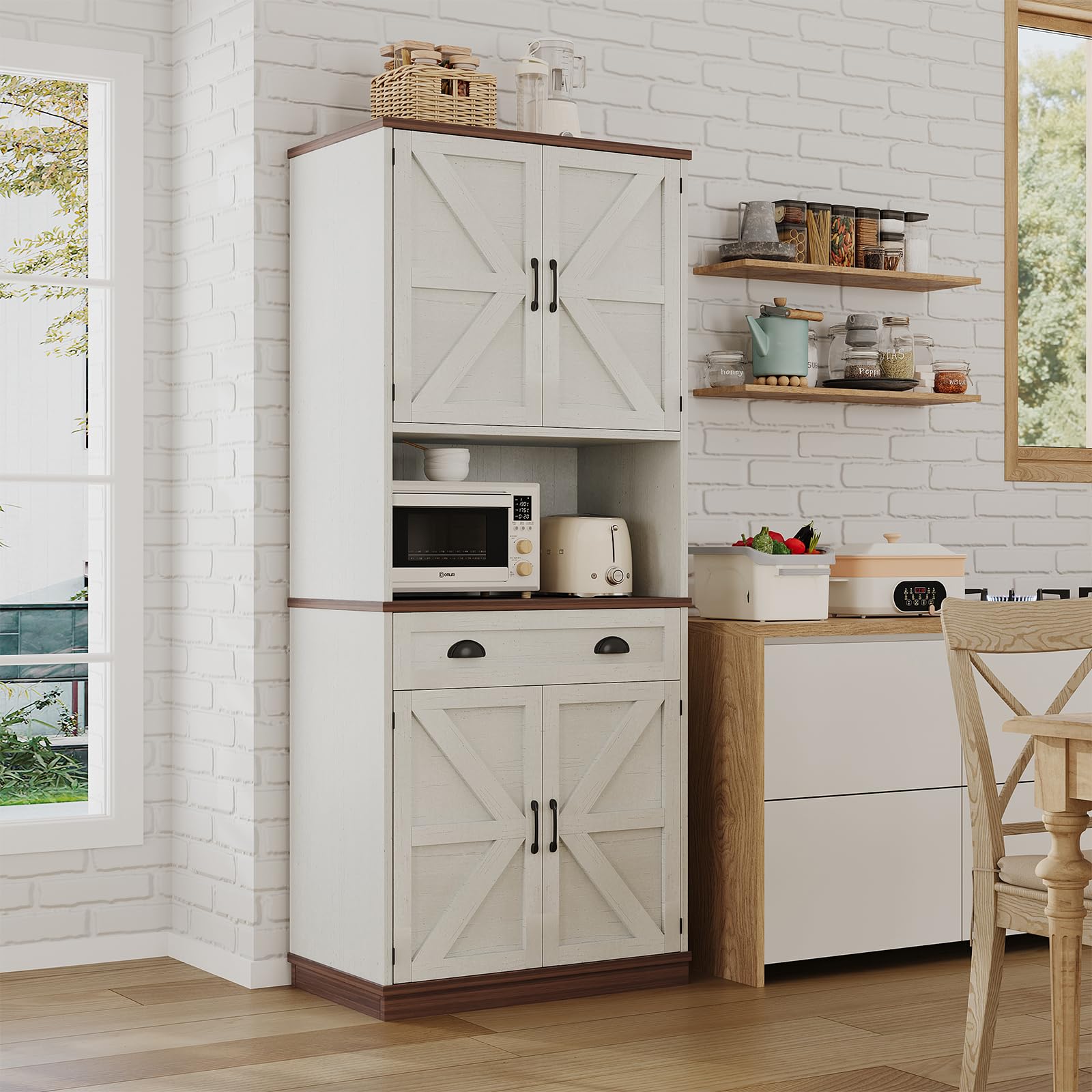 Farmhosue Pantry Cabinet, Tall Kitchen Storage Cabinet with Barn Doors and Drawer