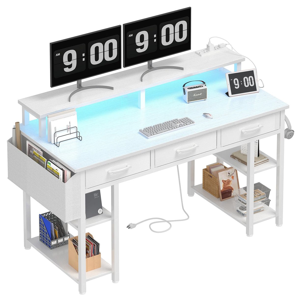 White Computer Desk with Fabric Drawers, 47 Inch Home Office Desk with Monitor Stand Shelves, Writing Study Gaming Desks with Led Lights and Power Outlets for Bedroom, White