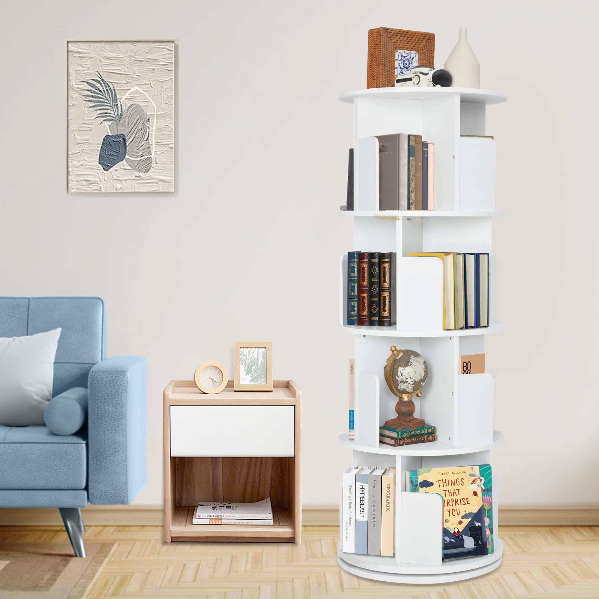 Rotating Bookshelf,Wood Corner Bookshelf 4 Tier 360 Display Spinning Bookshelf Floor Standing Bookcase White Stackable Bookshelf Storage Rack Organizer for Small Space Bedroom Living Room Study Room