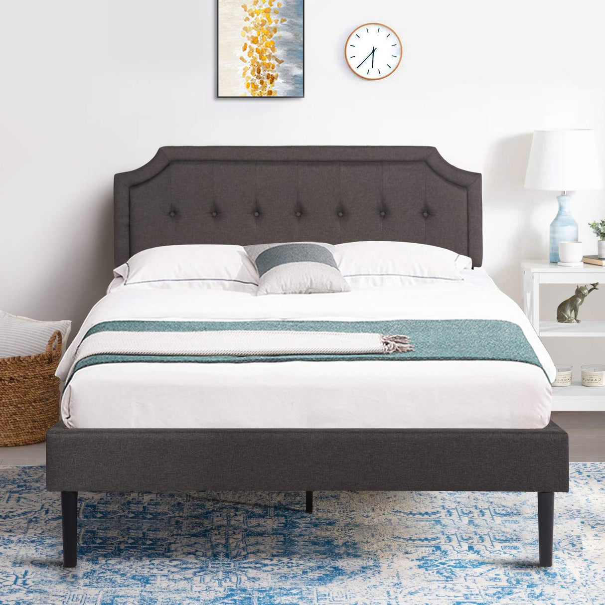 Premium Upholstered Platform Bed Diamond Stitched Panel Headboard