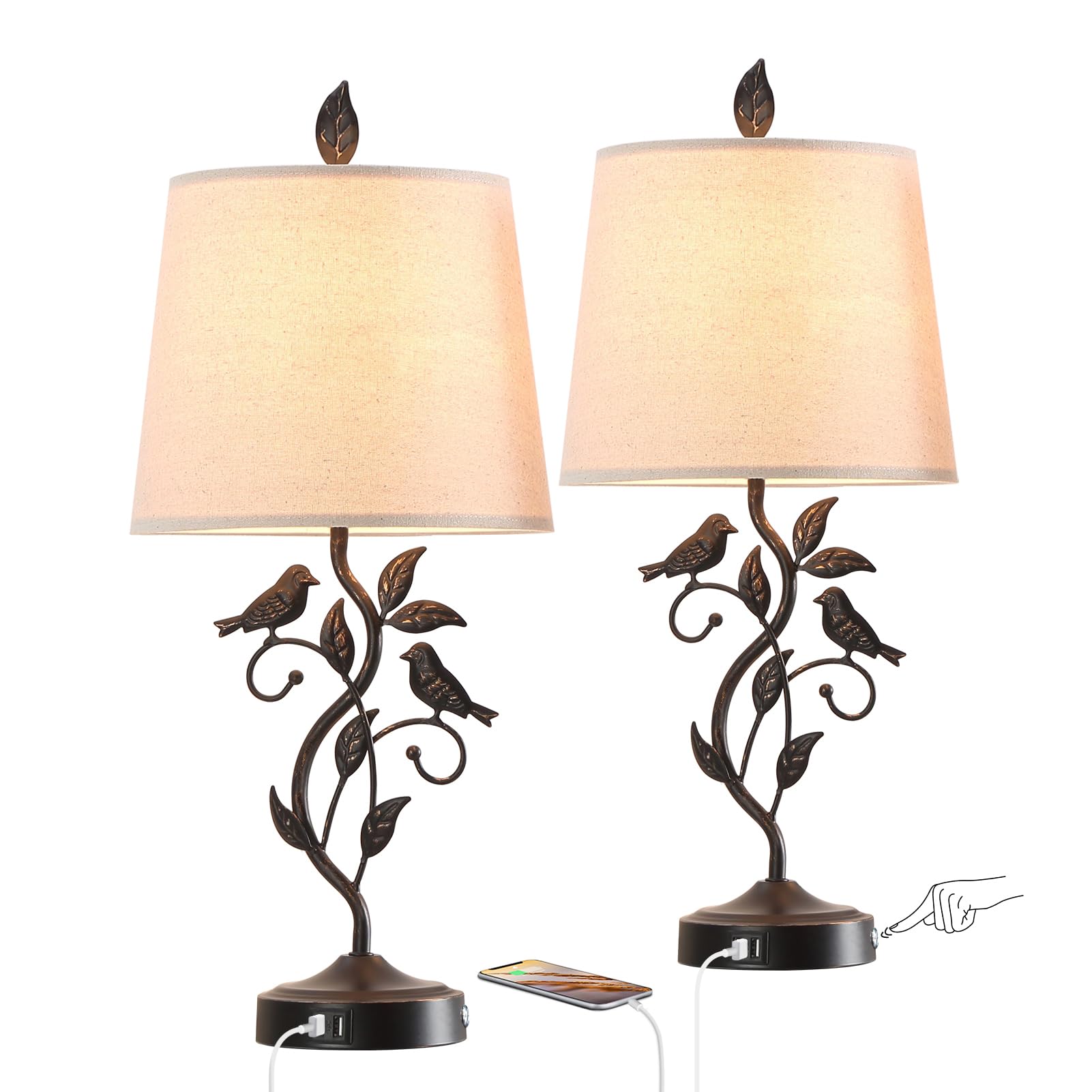 Set of 2 Touch Living Room Table Lamps with 2 USB Ports, Vintage Nightstand Lamp