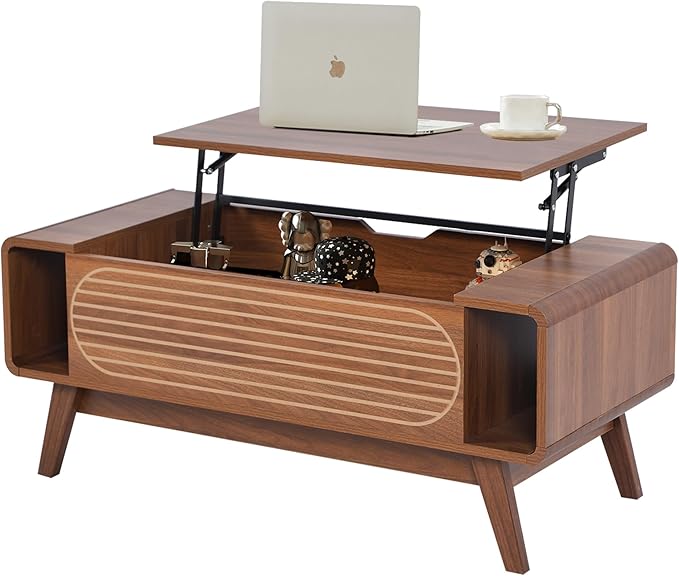 Small Lift Top Coffee Table with Hidden Compartment, Mid Century Modern Curved Coffee Table with Storage Shelf, Wooden Rectangle Center Table with Lift Tabletop for Living Room, Office (Natural)