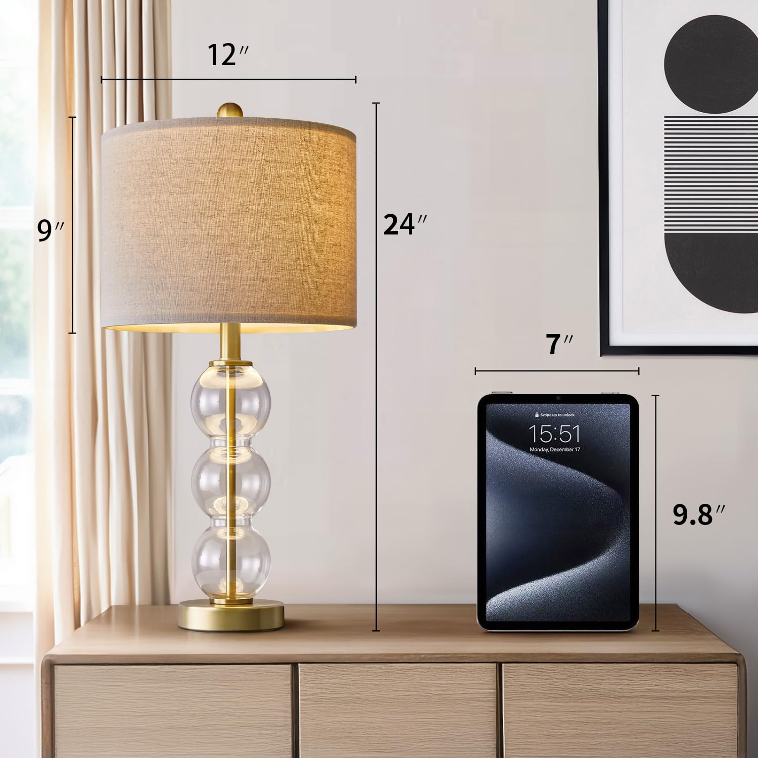 USumkky 24'' Glass Table Lamps Set of 2 for Bedroom Living Room,Gold Glass Bedside Lamps for Nightstands with USB Ports and AC Outlets(Bulbs not Included)