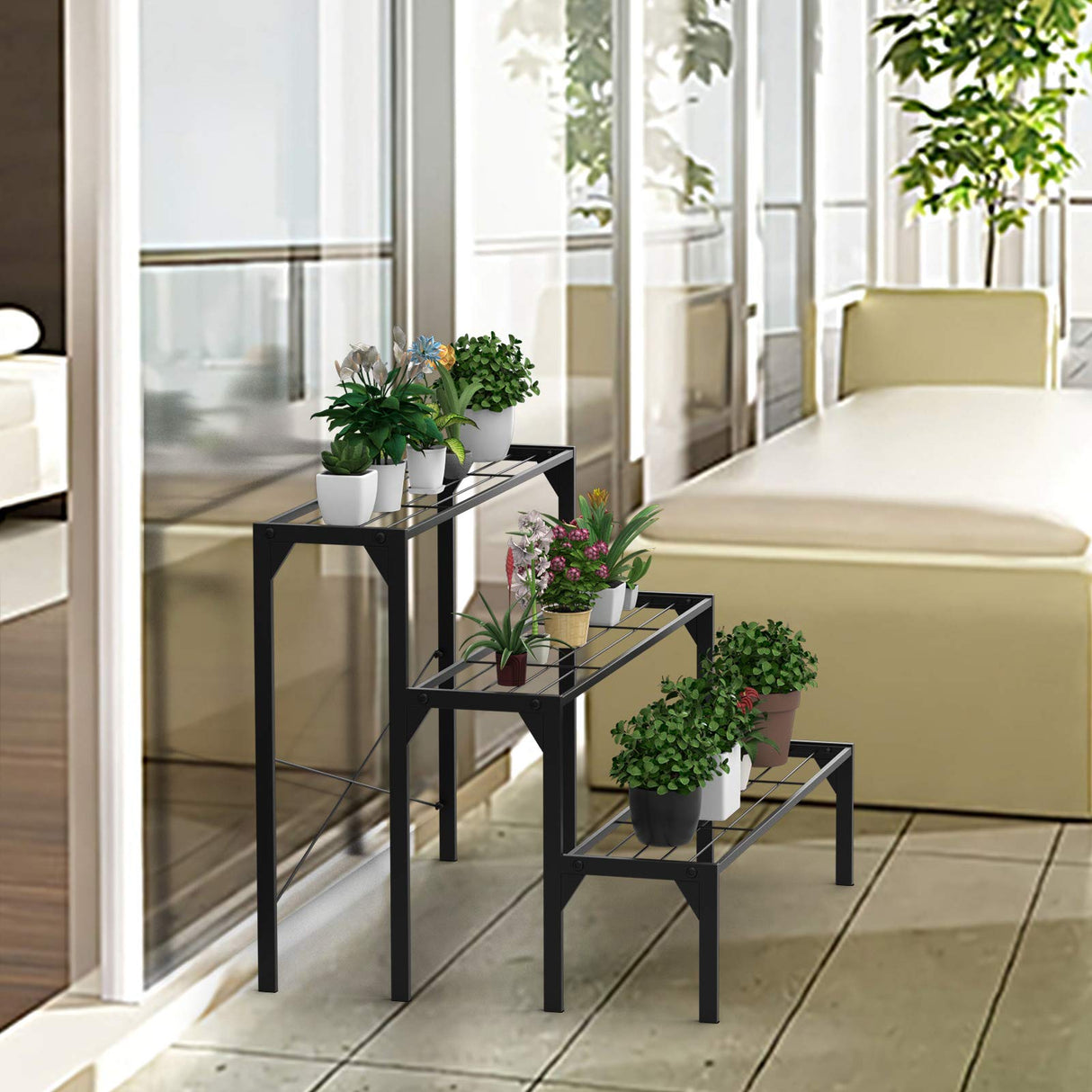 Giantex 3 Tiers Metal Plant Stand, Ladder Flower Pots Holders, 3 Tiers Step Plant Display Rack, Heavy Duty Utility Storage Organizer Rack for Home Garden Patio Balcony, Stair Style Plant Stand