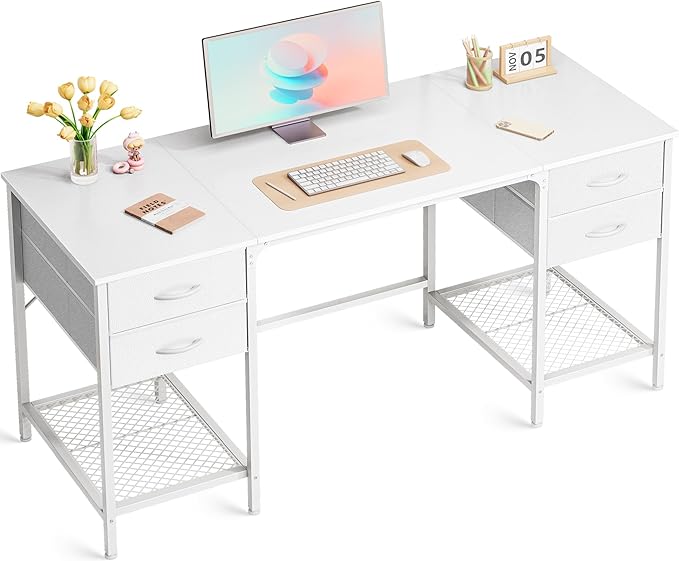 55 Inch Computer Desk with 4 Drawers, Office Desk with Mesh Shelf
