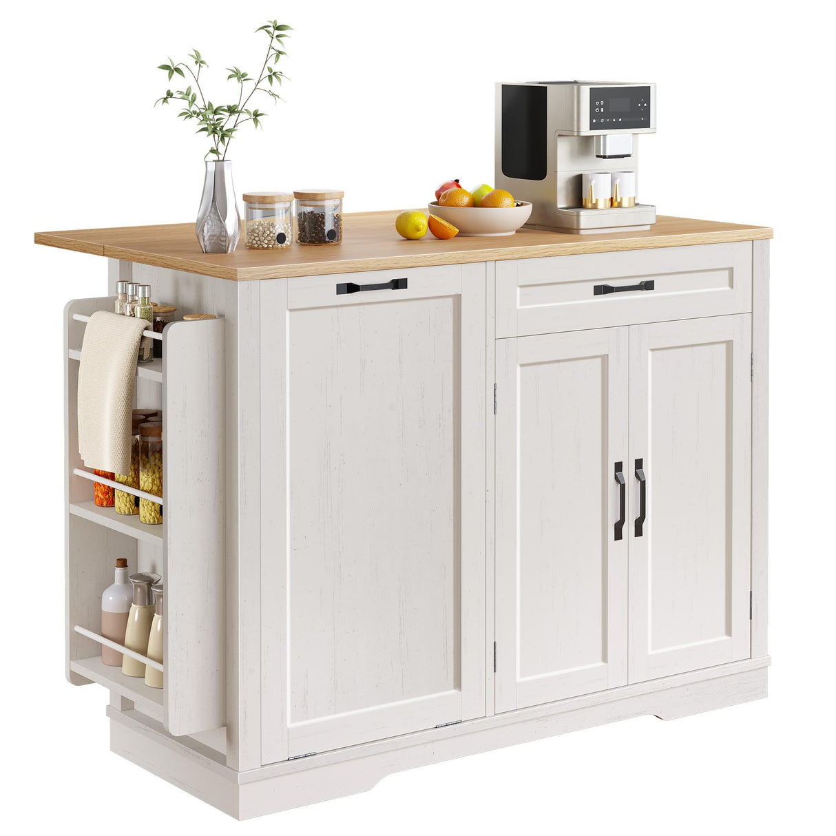 50 Inch Rolling Kitchen Island with Trash Can Storage Cabinet & Drop Leaf
