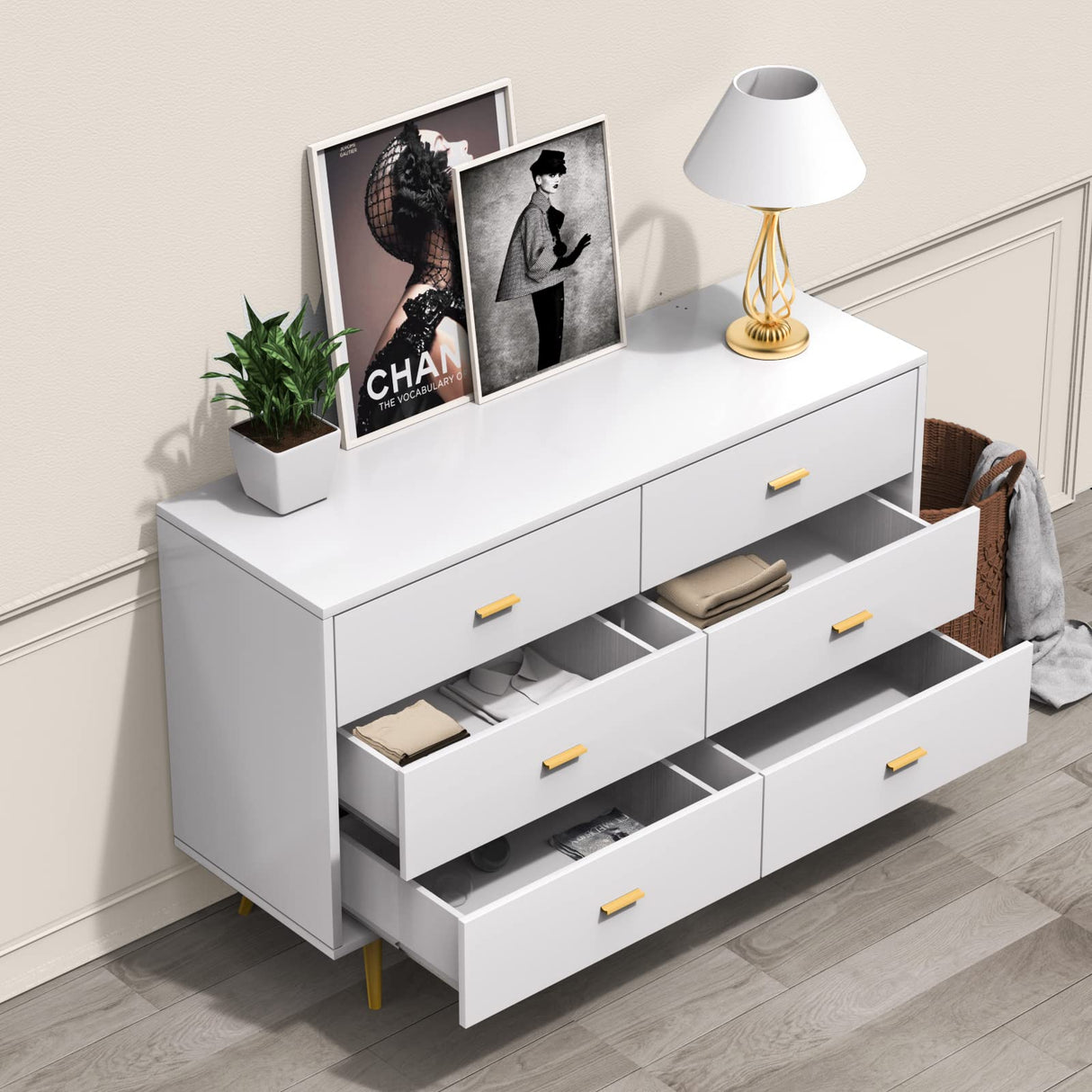 White Dresser, 6 Drawer Dresser for Bedroom with Wide Drawers and Metal Handles