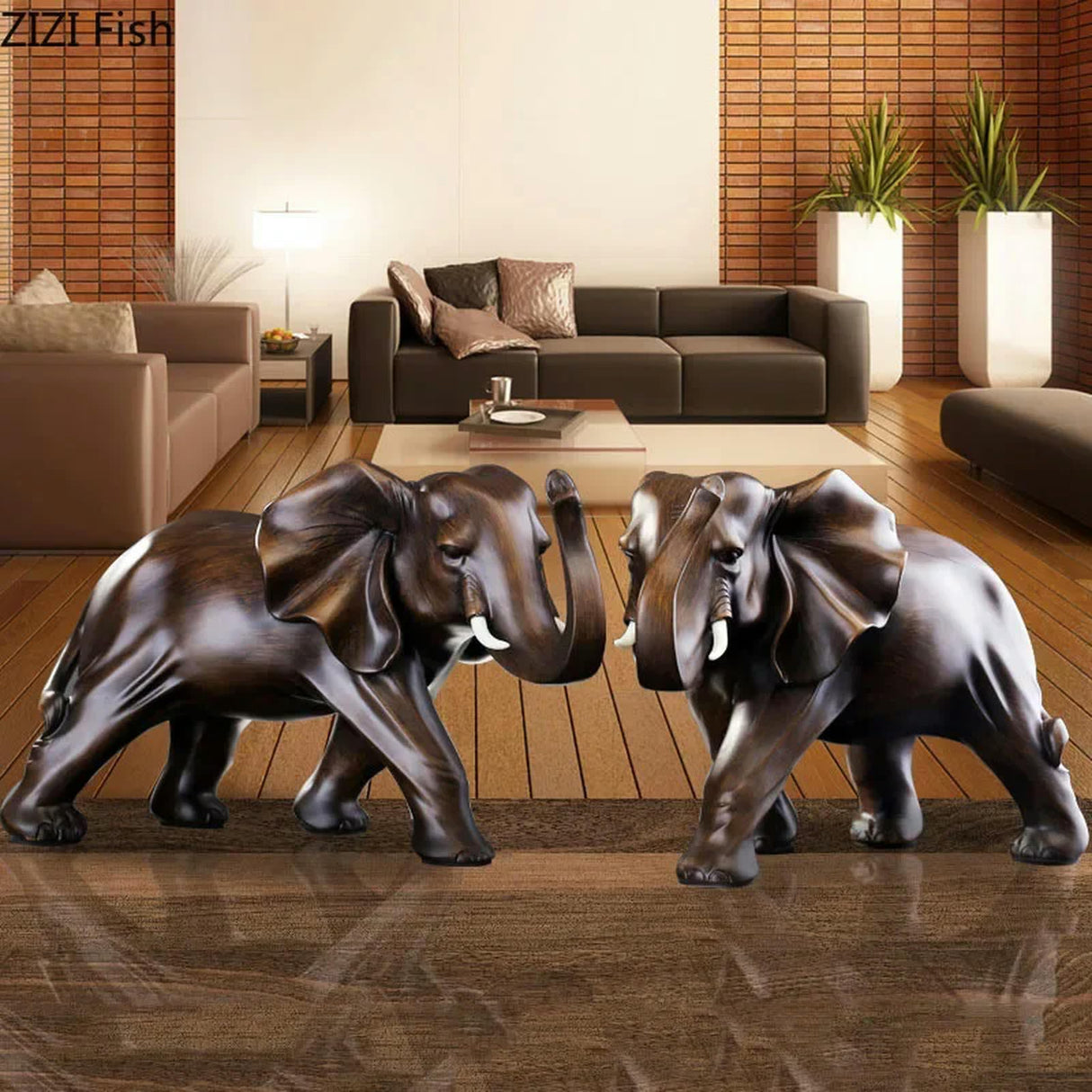 Imitation Wood Elephant Statue Resin Craft Animal Sculpture Desktop Decorations