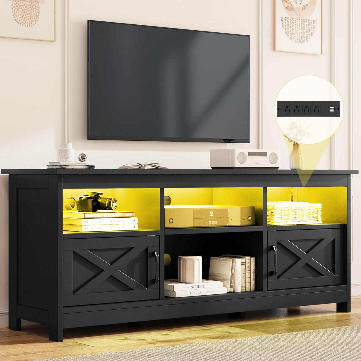 Farmhouse TV Stand for TVs Up to 65 Inch, Modern Entertainment Centre with Power