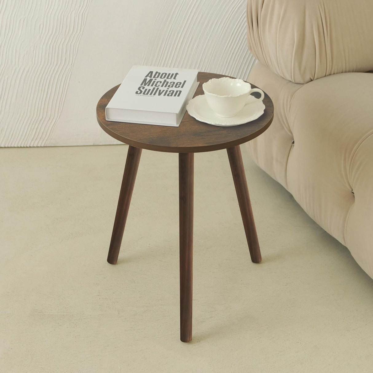 Round Side Table, Small End Table for Living Room, Modern Wood Accent Table Coffee