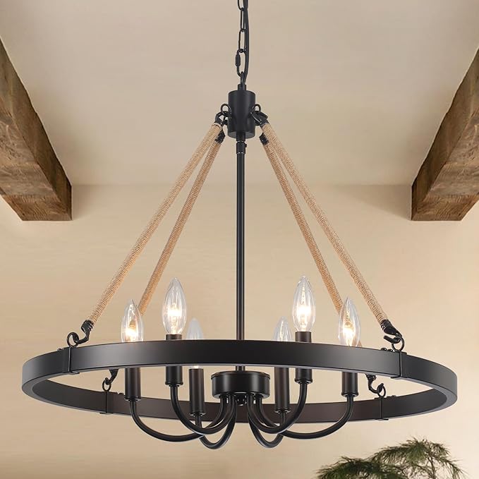 4-Light Farmhouse Chandelier, Rustic Faux Wood Chandeliers Dining Room Light Fixture