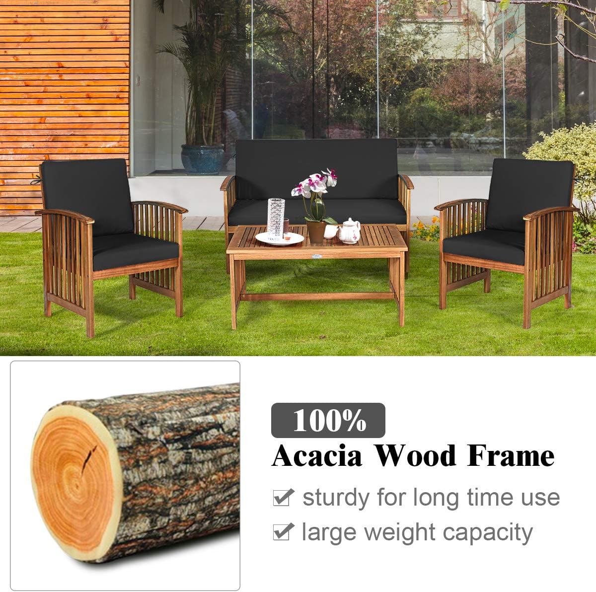 Outdoor 4 PCS Acacia Wood Sofa Set w/Water Resistant Cushions