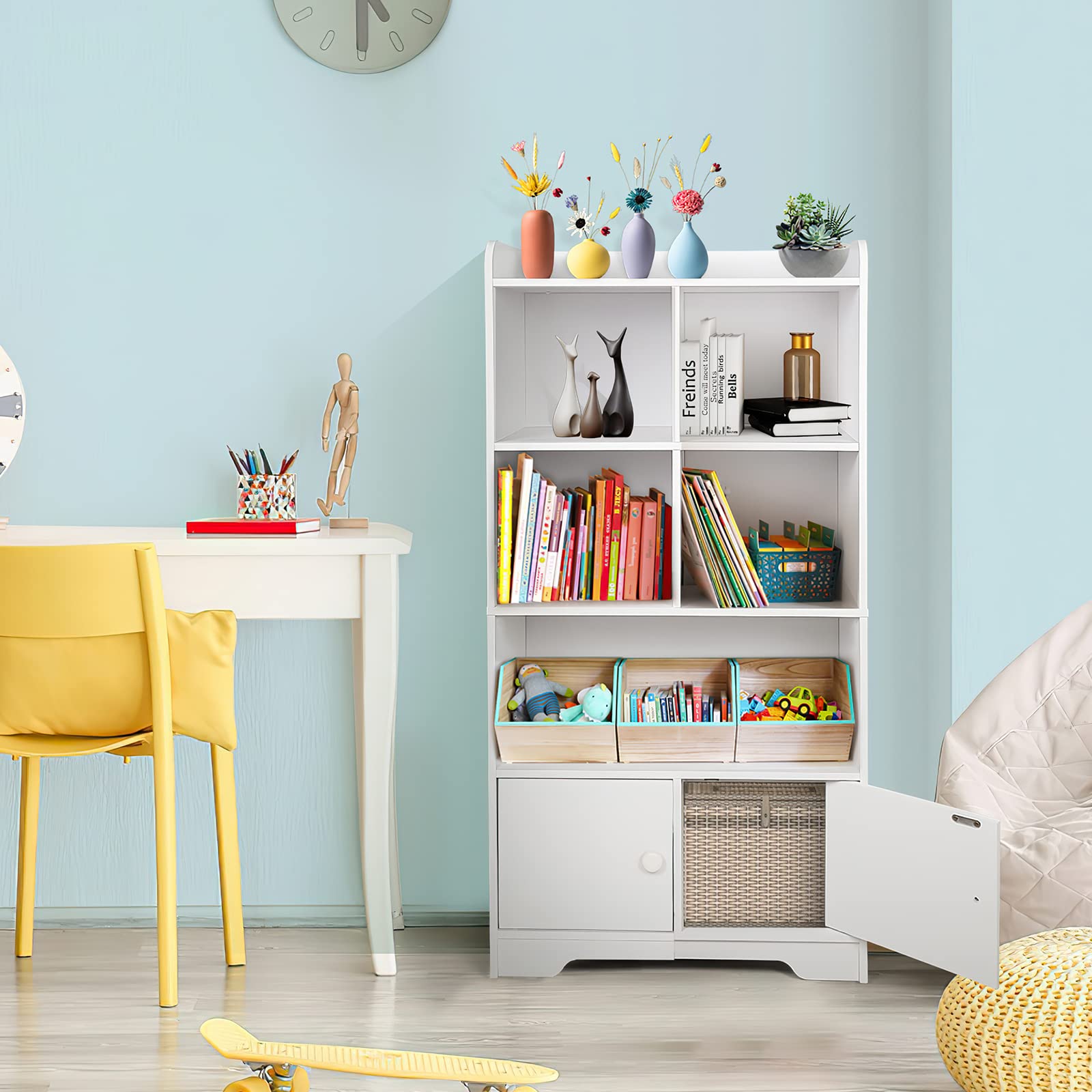 4-Tier Bookcase with Doors, 47.5" Tall Freestanding White Bookshelf with 3 Shelves