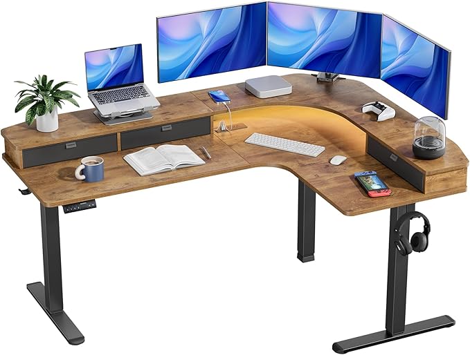 65″ L-Shaped Standing Desk with Power Outlets & LED Strip, Support C-Clamp Mount