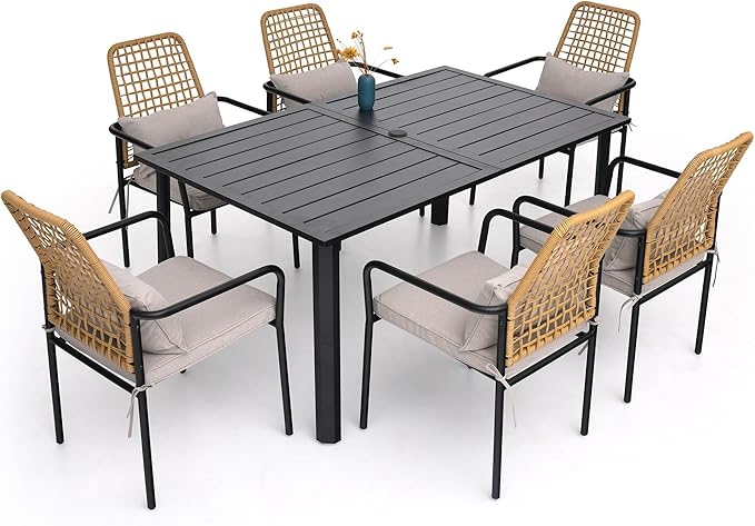 Stackable Rattan Patio Dining Chairs and and Rectangle Table Set of 6 with 63"x38" Wood-Like Table