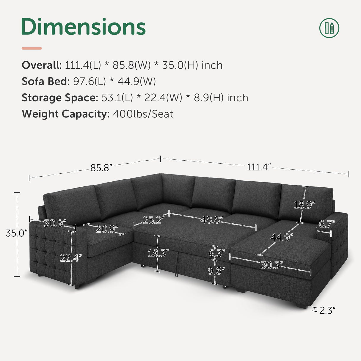 Sectional Sleeper Sofa with Pull Out Bed, Reversible Sectional