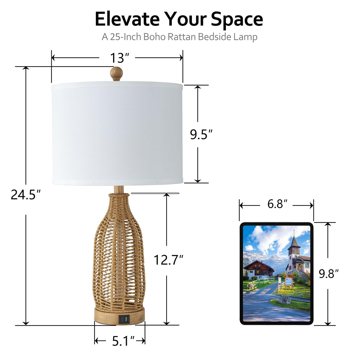 24.5" Rattan Table Lamps Set of 2 with USB Charging Ports