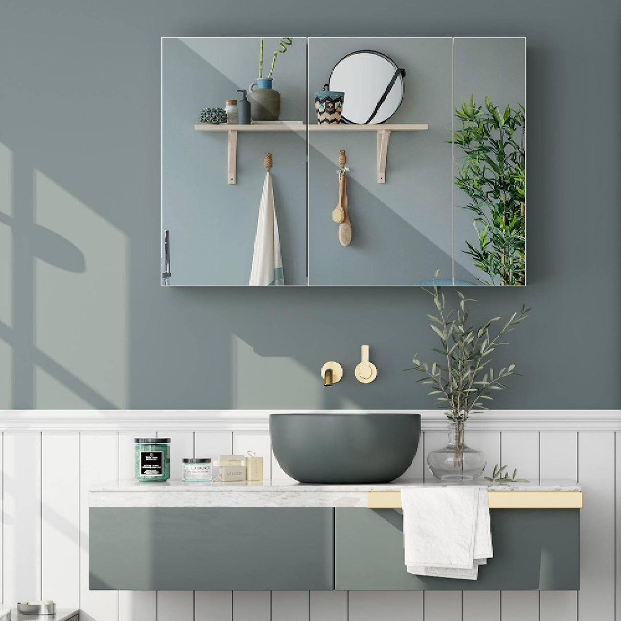 Medicine Cabinet with 3 Mirrored Doors, Surface or Recessed Mount Bathroom Medicine