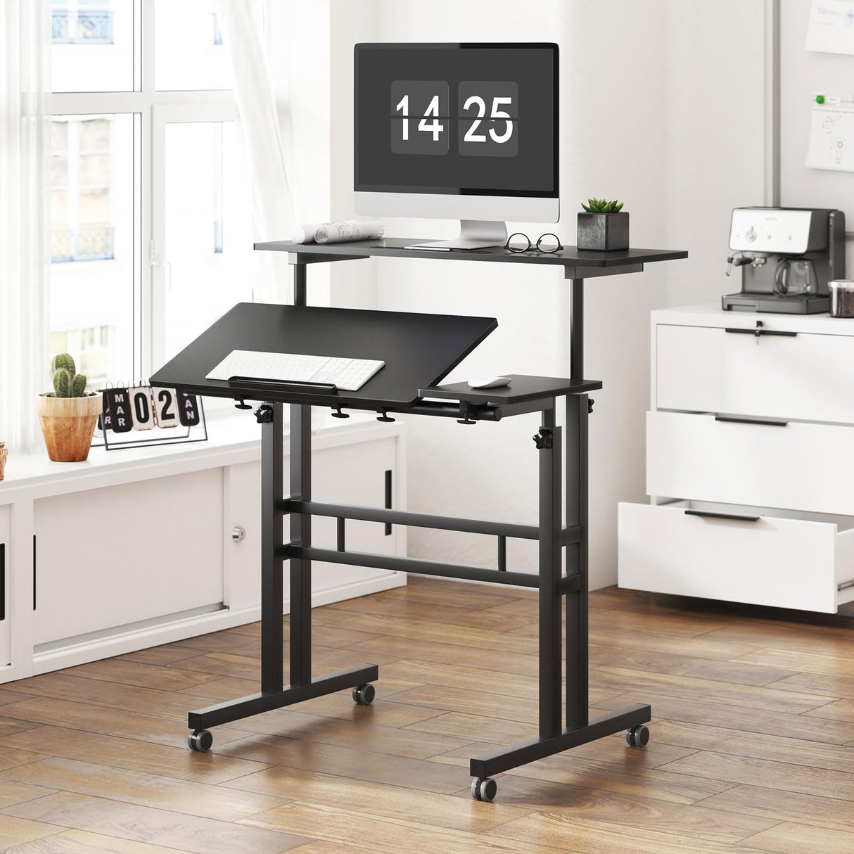 Mobile Laptop Sit-Stand Desk, Height Adjustable Standing Tiltable Top Desk