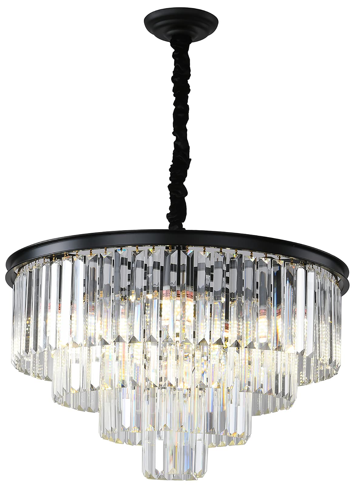 ELGOBST Black Modern Crystal Chandelier Lighting K9 Crystal Round Chandelier Hanging Ceiling Light Fixture 4-Tier Contemporary Crystal Pendant Light for Dining Room Living Room Bedroom 23.6inch