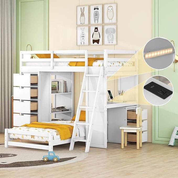 Over Twin Bunk Bed Loft Bed with Desk/ 8 Drawers/ 3 Shelves/Stairs/LED Light and USB