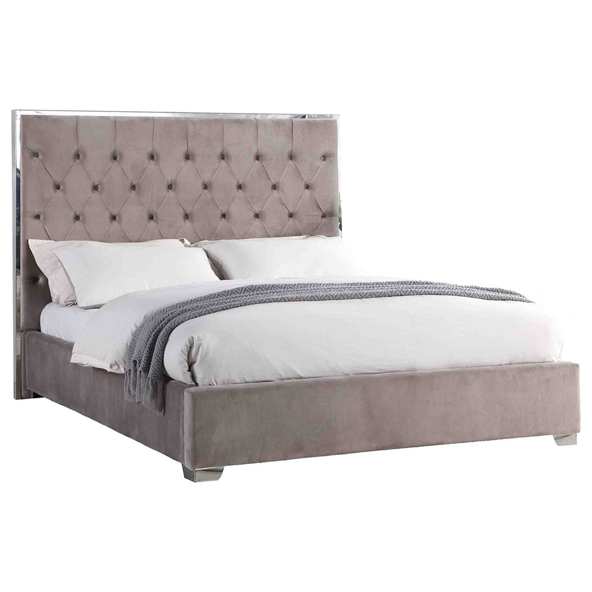 Natasha Velour Tufted Transitional Glam Platform Bed, King, Light Grey
