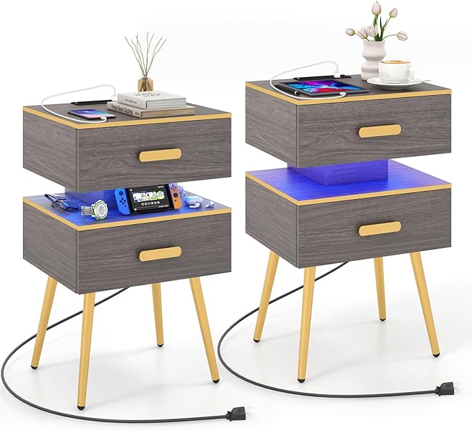 Nightstand with Charging Station & LED Lights, 28.5" Bedside Table with 2 Drawers