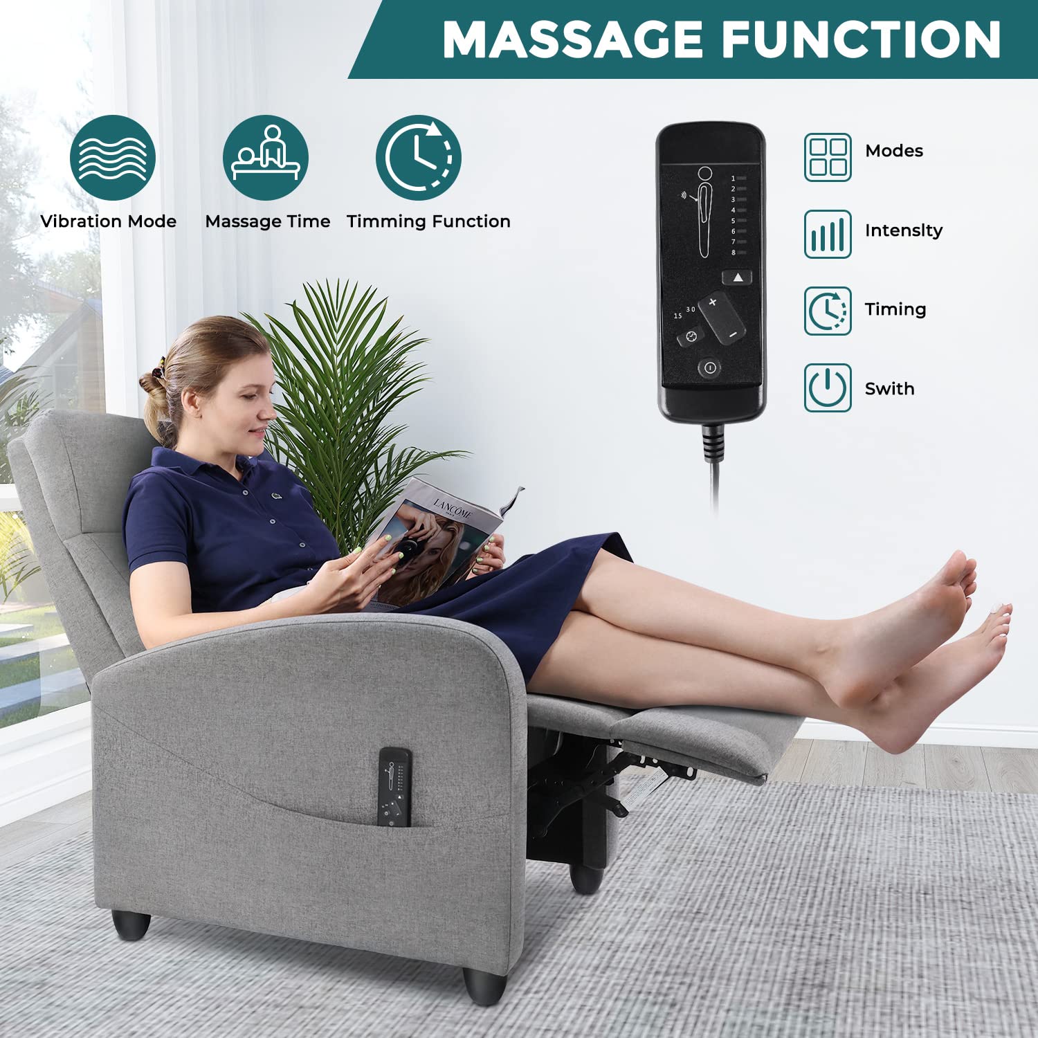 EaseNest Massage Recliner Chair – Fabric with Footrest & Wing Back Design