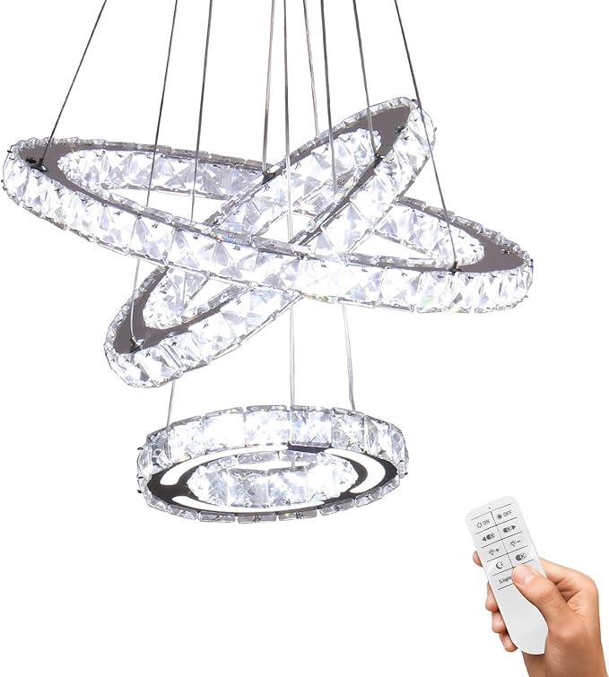Modern Chandeliers Crystal Ceiling Light 3 Rings Dimmable LED Pendant Light Fixture