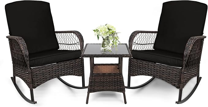 3 pcs Rocking Bistro Set Conversation Chairs PE Wicker Outdoor Rocking Chairs