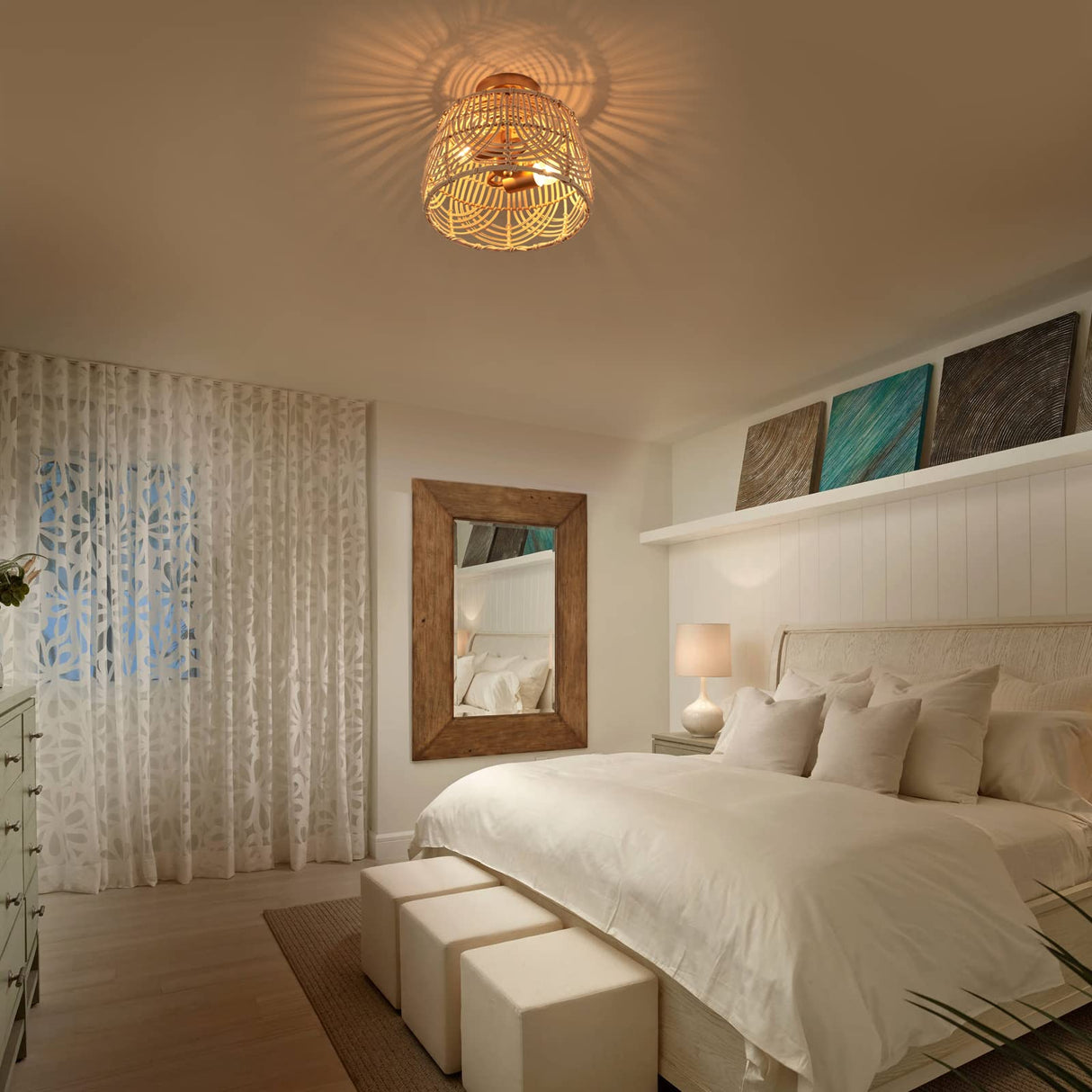 Woven Rattan Bamboo Brass Flush Mount Ceiling Light, Wicker Light Fixture for Entryway