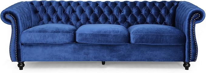 Tufted Jewel Toned Velvet Sofa with Scroll Arms, BlackBerry